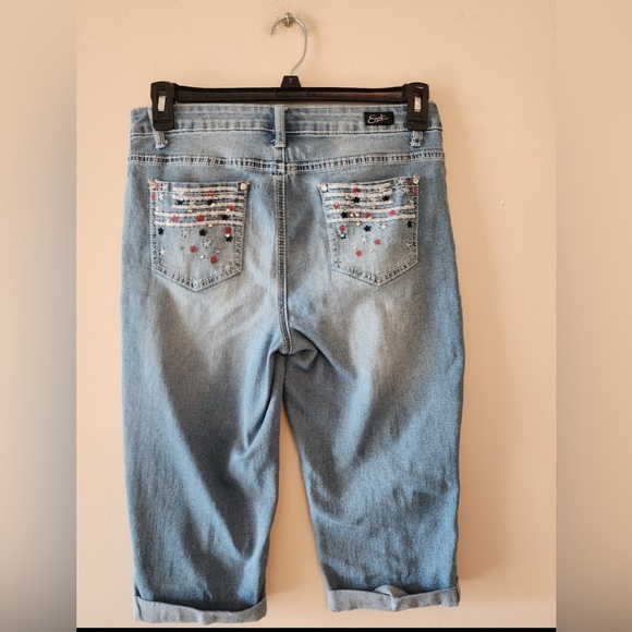 Earl Jeans Womens 10 Blue Bedazzled Capri Denim Cotton Blend flag Studded - Picture 4 of 8